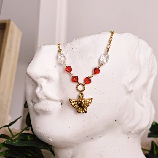Gold Stainless Steel "Eros" Necklace with crystals and red hearts