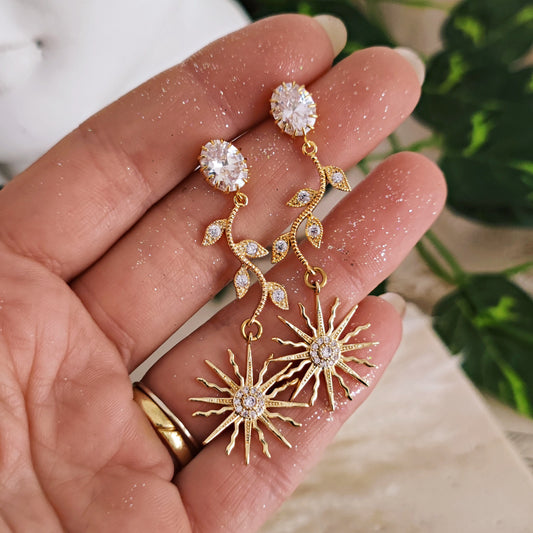 Apollo and Daphne" Earrings with crystals, leaves and suns