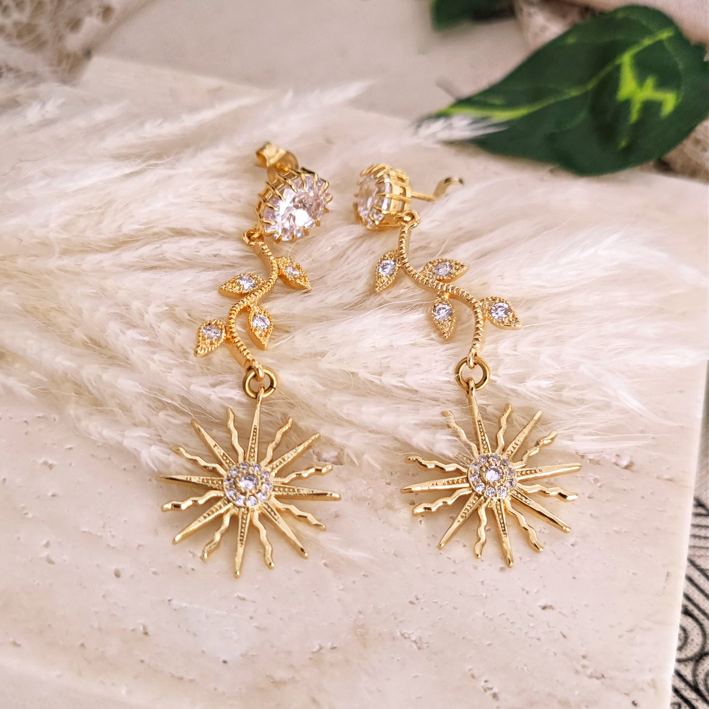 Apollo and Daphne" Earrings with crystals, leaves and suns