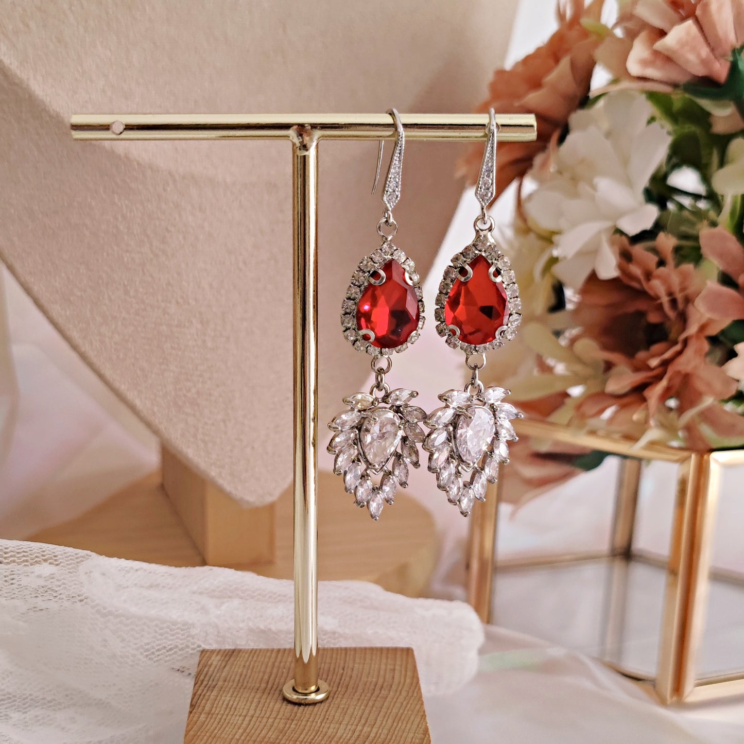 "Agatha" earrings with ruby red teardrop crystals