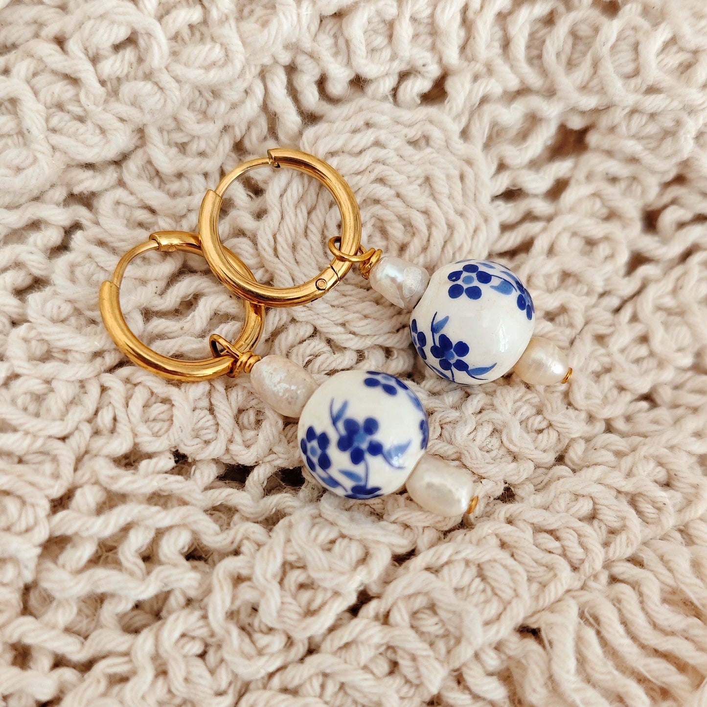 "Sea Bloom" earrings with floral ceramic beads and freshwater pearls