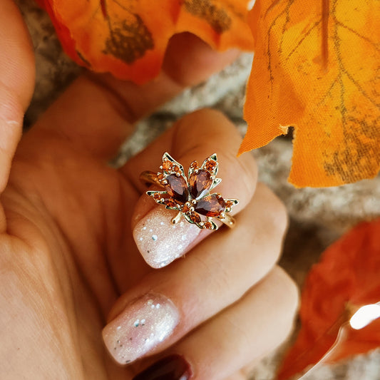 "Magic Maple" Ring, gold plated brass and cubic zirconia