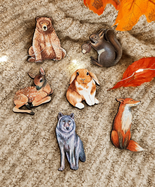 "Woodland Creatures" wooden brooches