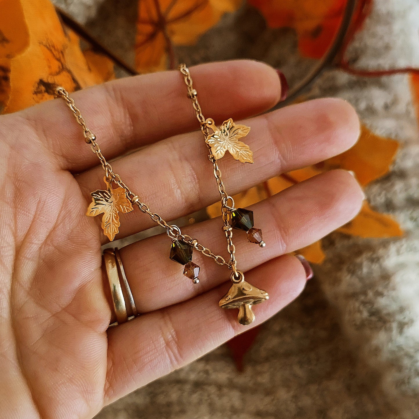"Magic Forest" necklace with mushroom, leaves and crystals