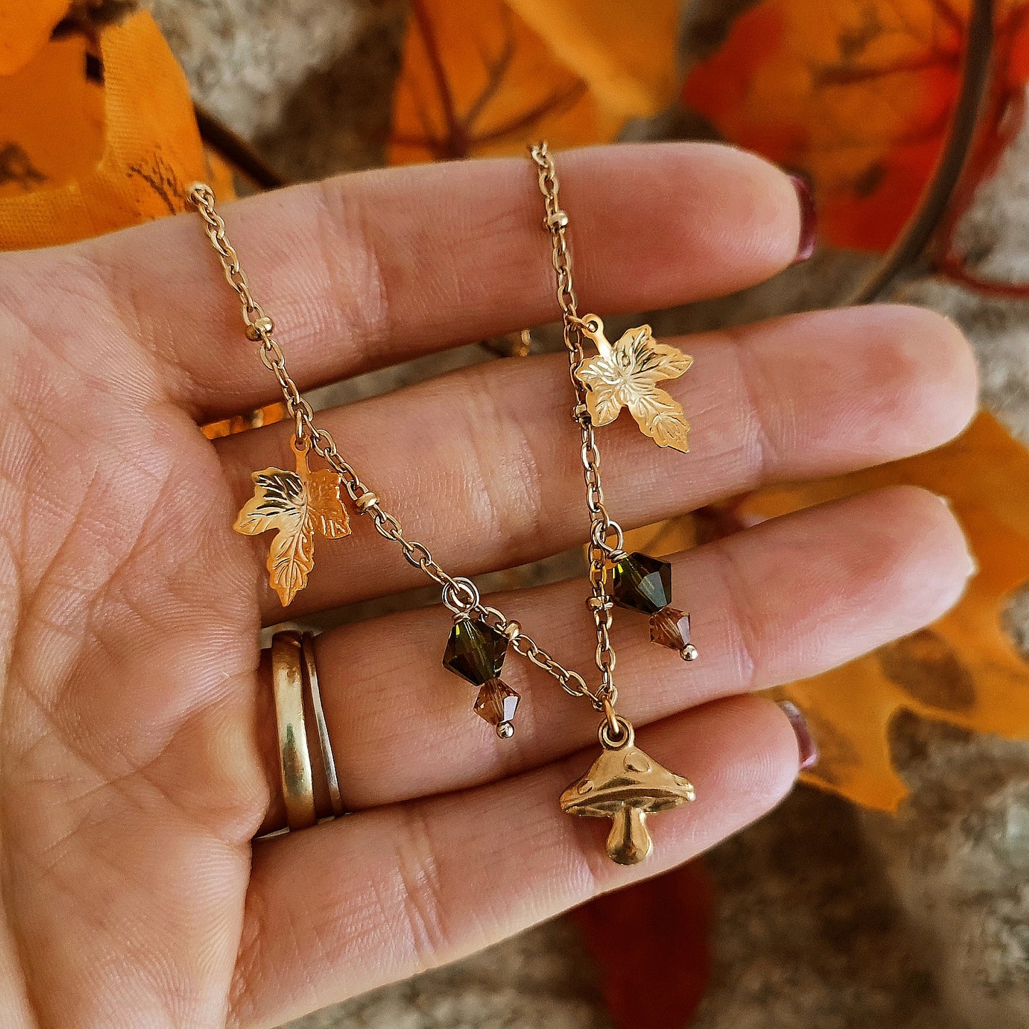 "Magic Forest" necklace with mushroom, leaves and crystals