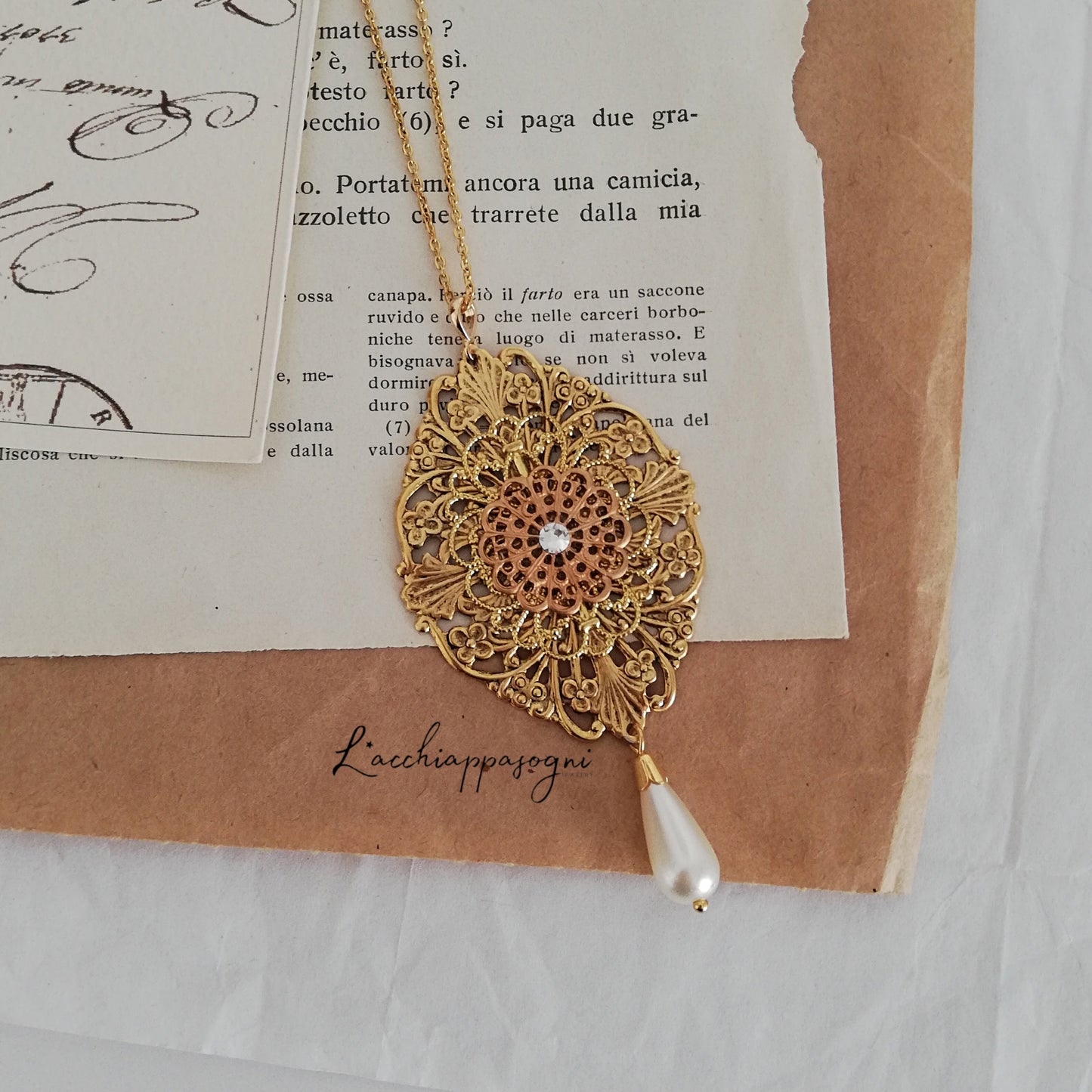 Anne Boleyn inspired antiqued gold brass filigree Necklace