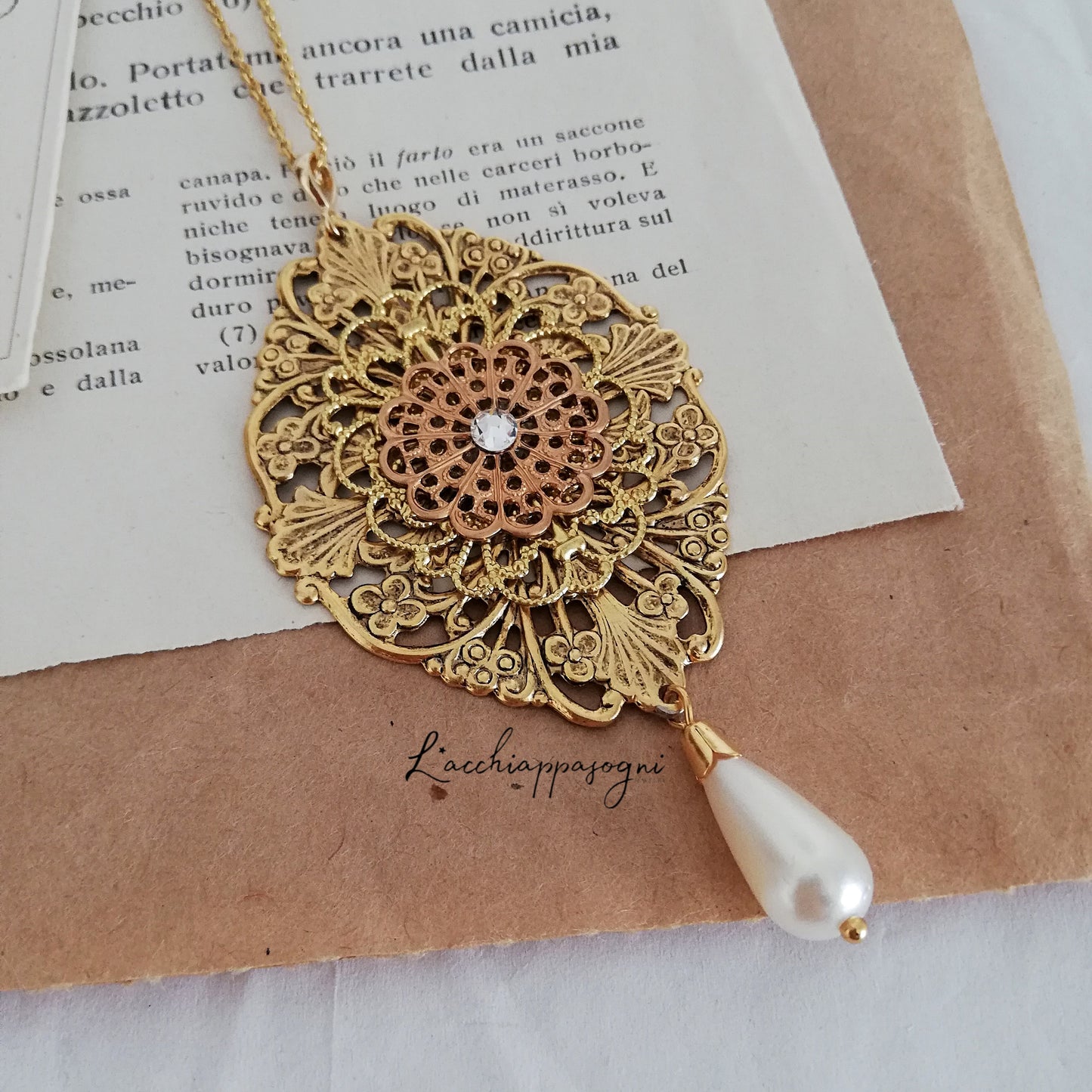 Anne Boleyn inspired antiqued gold brass filigree Necklace