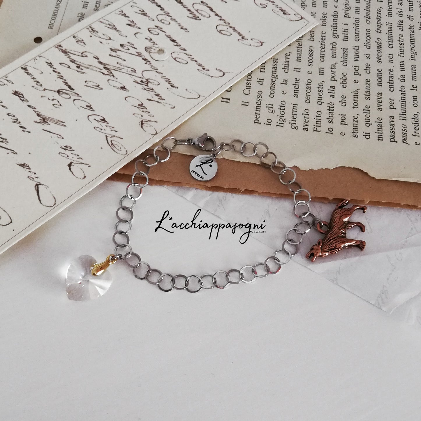 Bracciale con Lupo e Cuore di cristallo