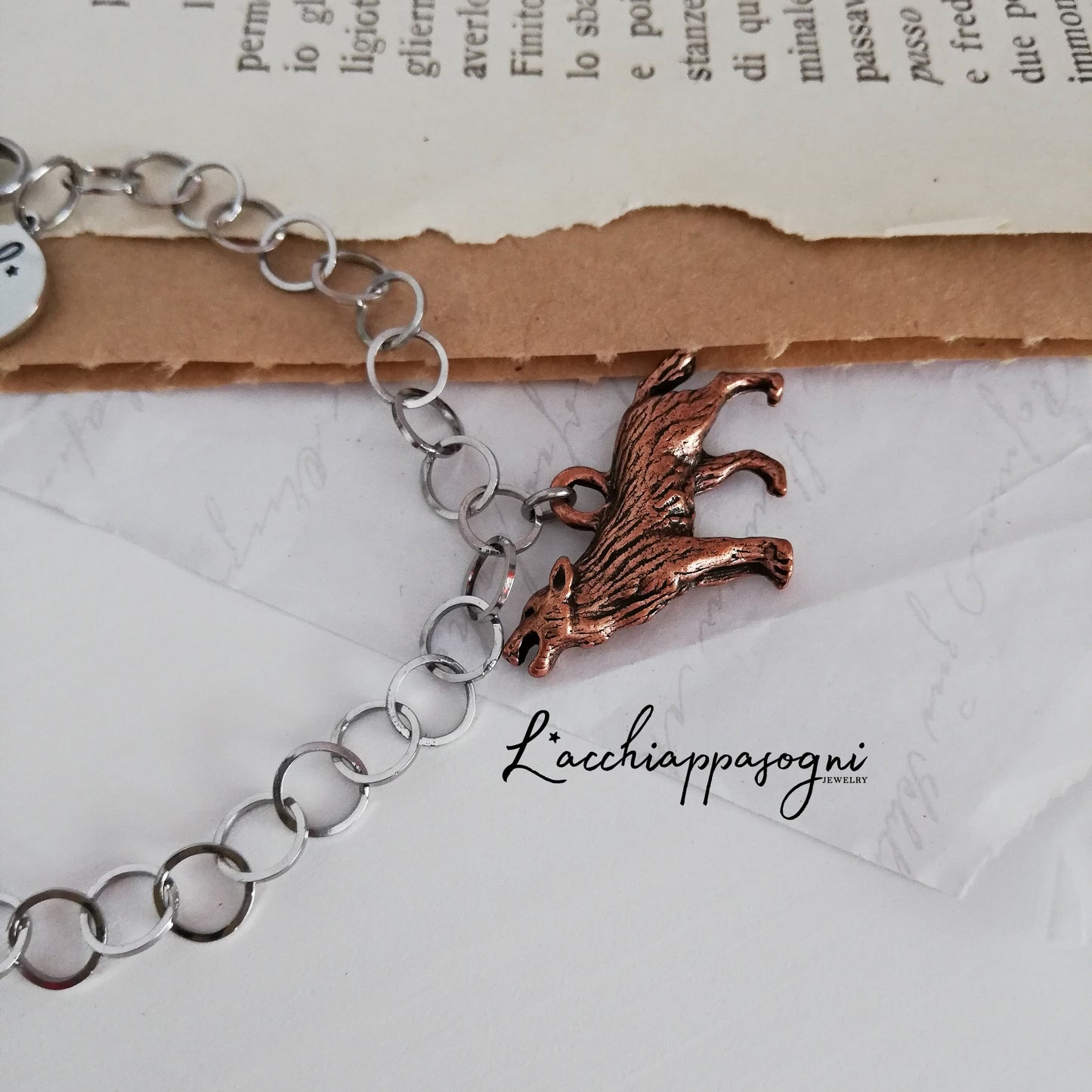 Bracciale con Lupo e Cuore di cristallo