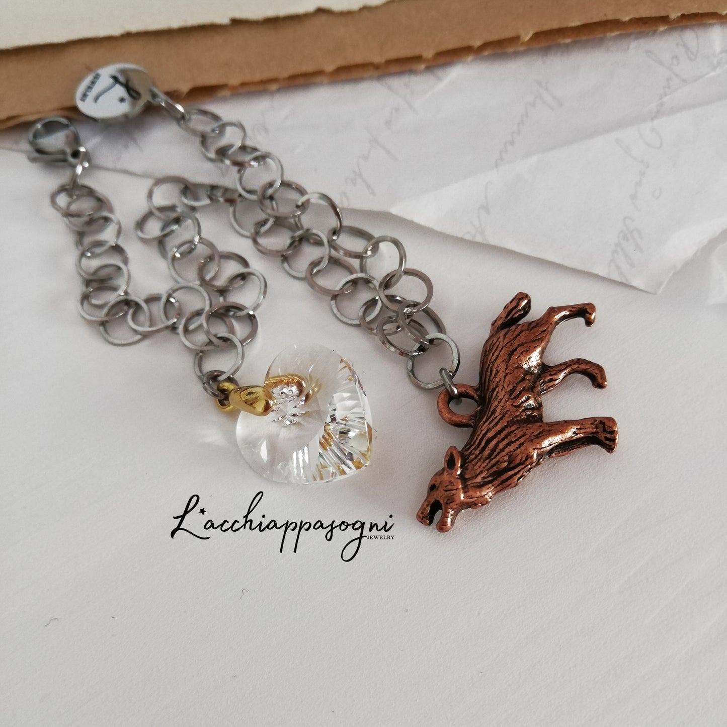 Bracciale con Lupo e Cuore di cristallo