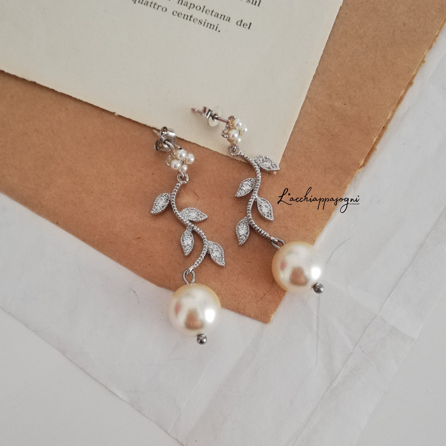 Orecchini Art Nouveau Rami di Foglie e Perle