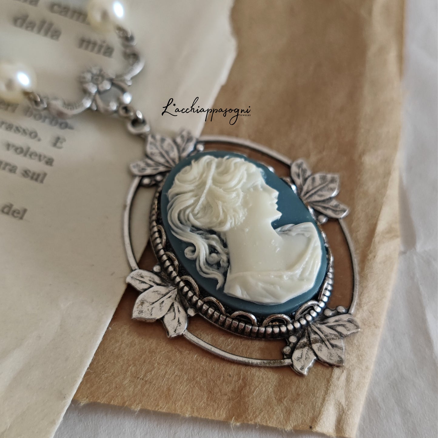 Victorian Cameo Necklace with floral accents, improved silver version