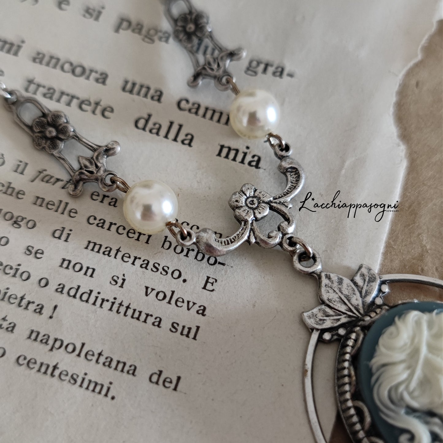 Victorian Cameo Necklace with floral accents, improved silver version