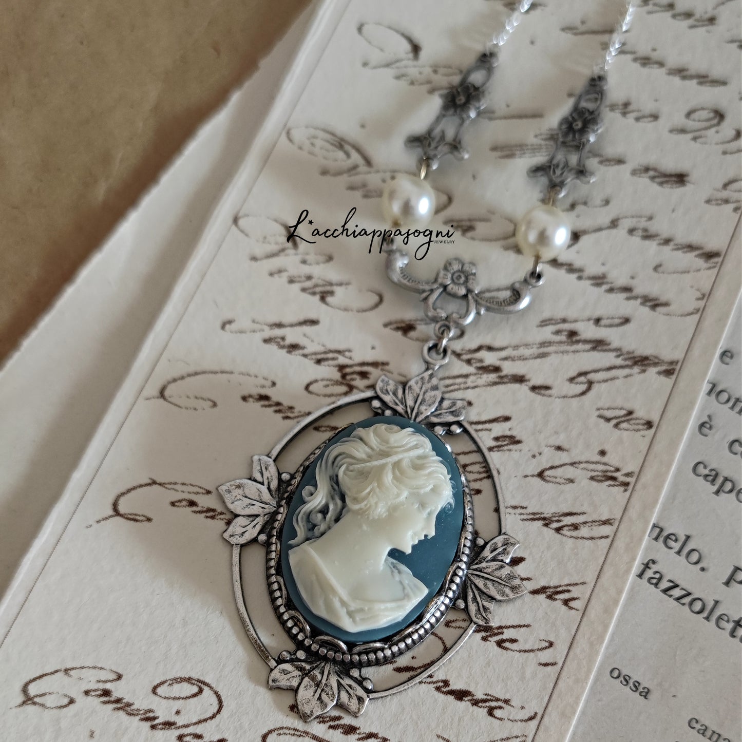 Victorian Cameo Necklace with floral accents, improved silver version