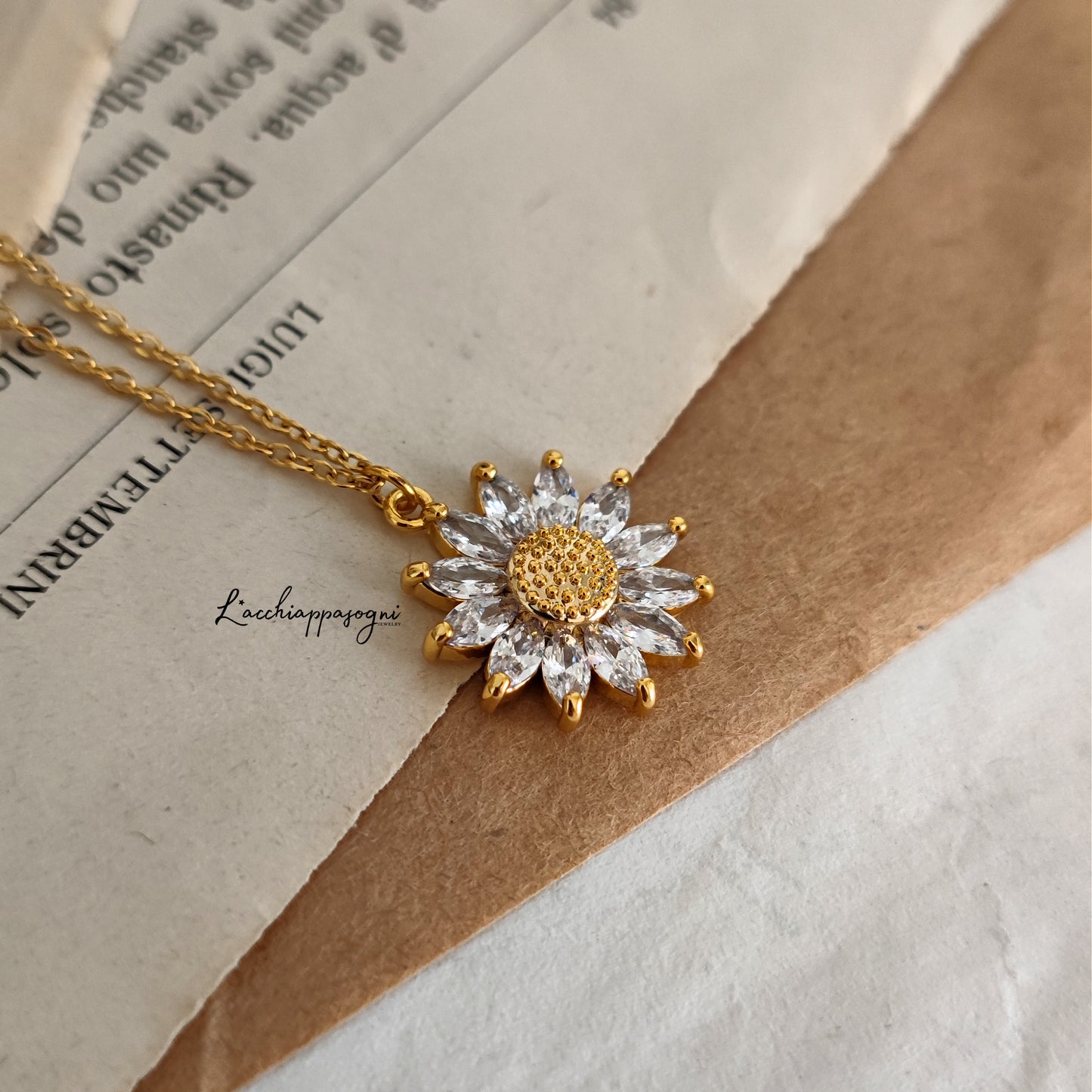 Sunflower necklace "Sunny Flower" with cubic zirconia