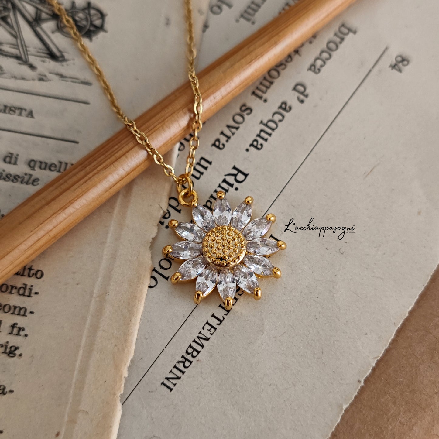 Sunflower necklace "Sunny Flower" with cubic zirconia