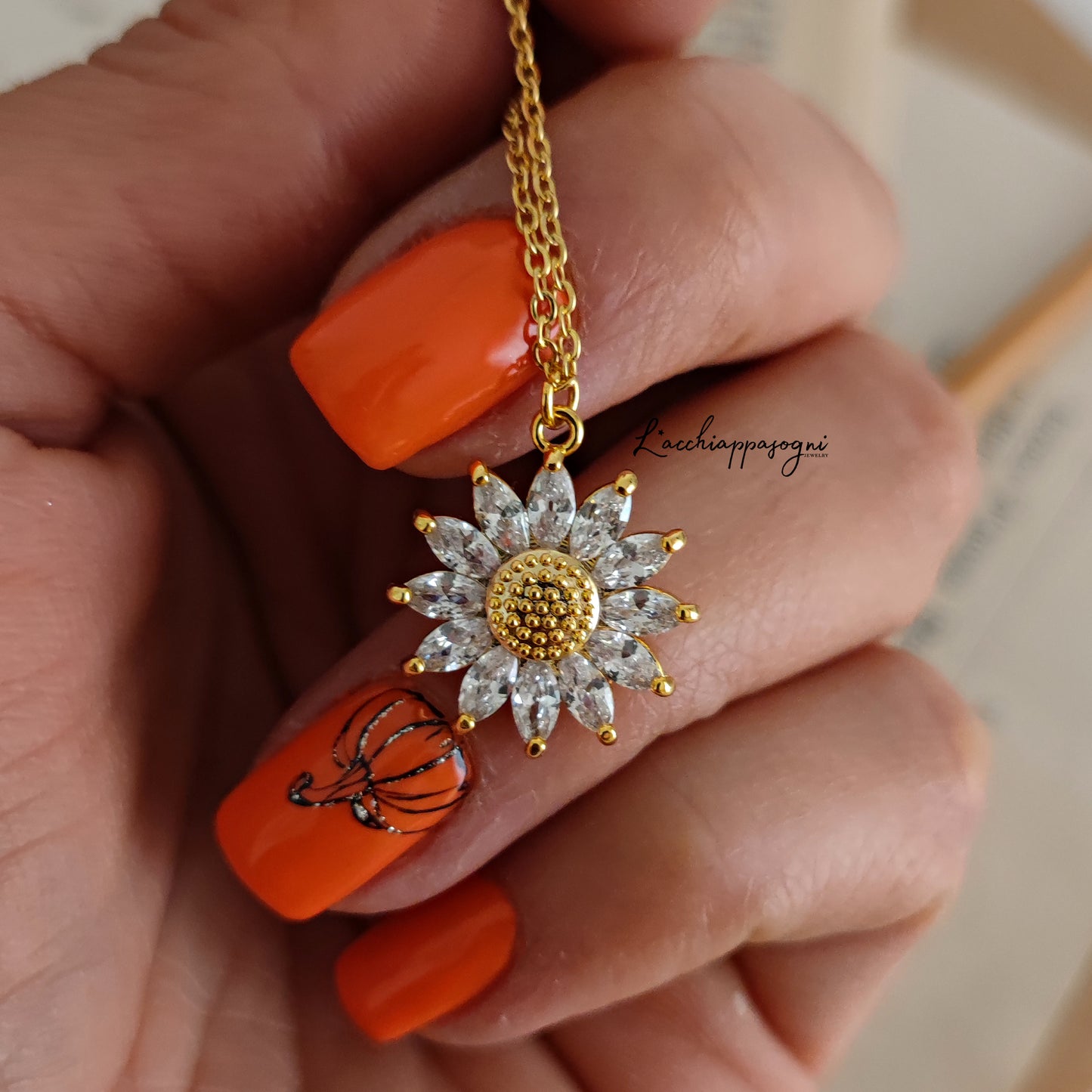 Sunflower necklace "Sunny Flower" with cubic zirconia