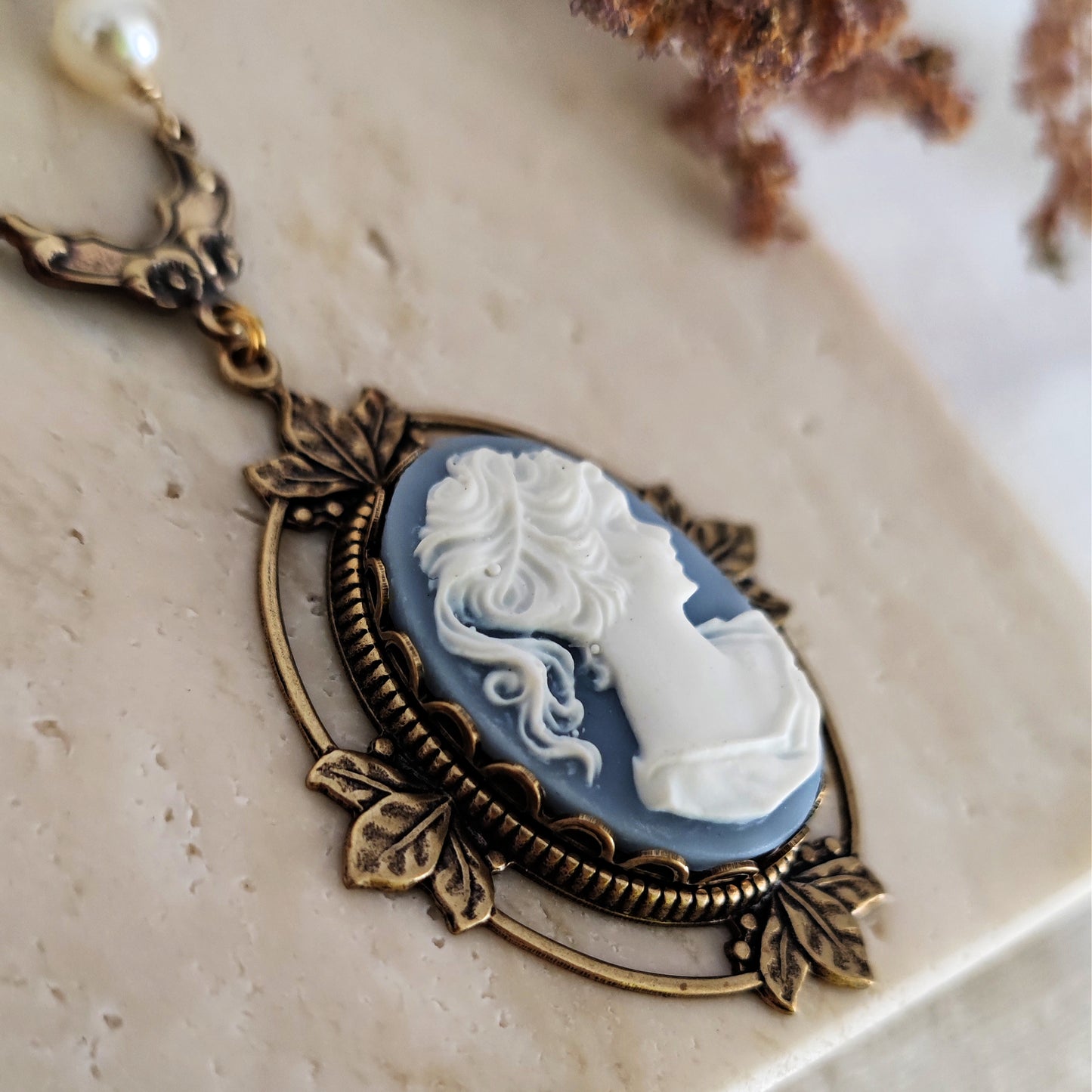 Victorian Cameo Necklace with floral accents, improved silver