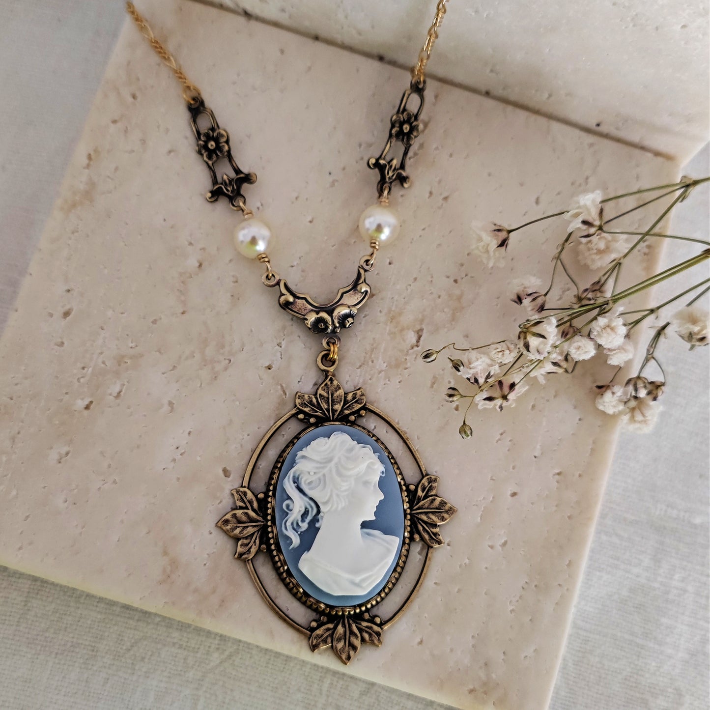 Victorian Cameo Necklace with floral accents, improved silver