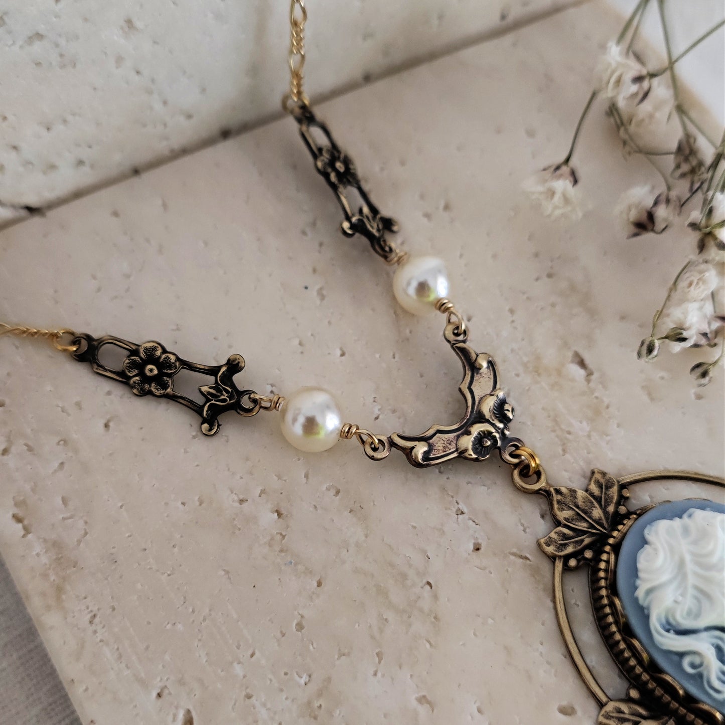 Victorian Cameo Necklace with floral accents, improved silver