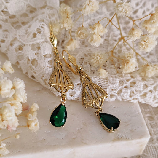 Orecchini Art Deco dorati Emerald a goccia