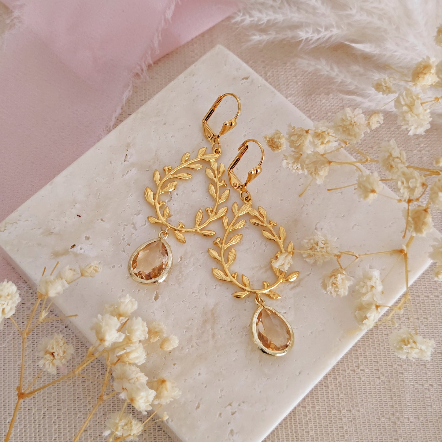 Laurel Wreath Peach Branch Leaves Dangle Earrings