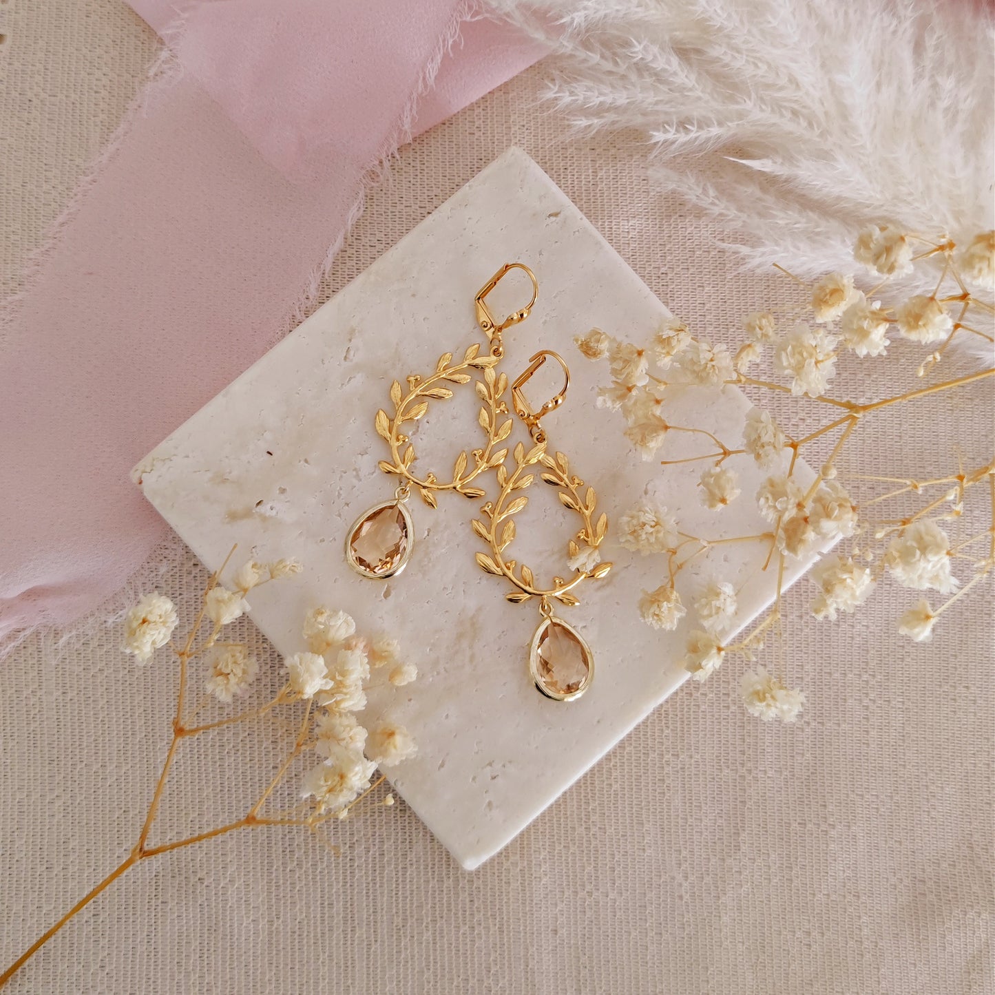 Laurel Wreath Peach Branch Leaves Dangle Earrings