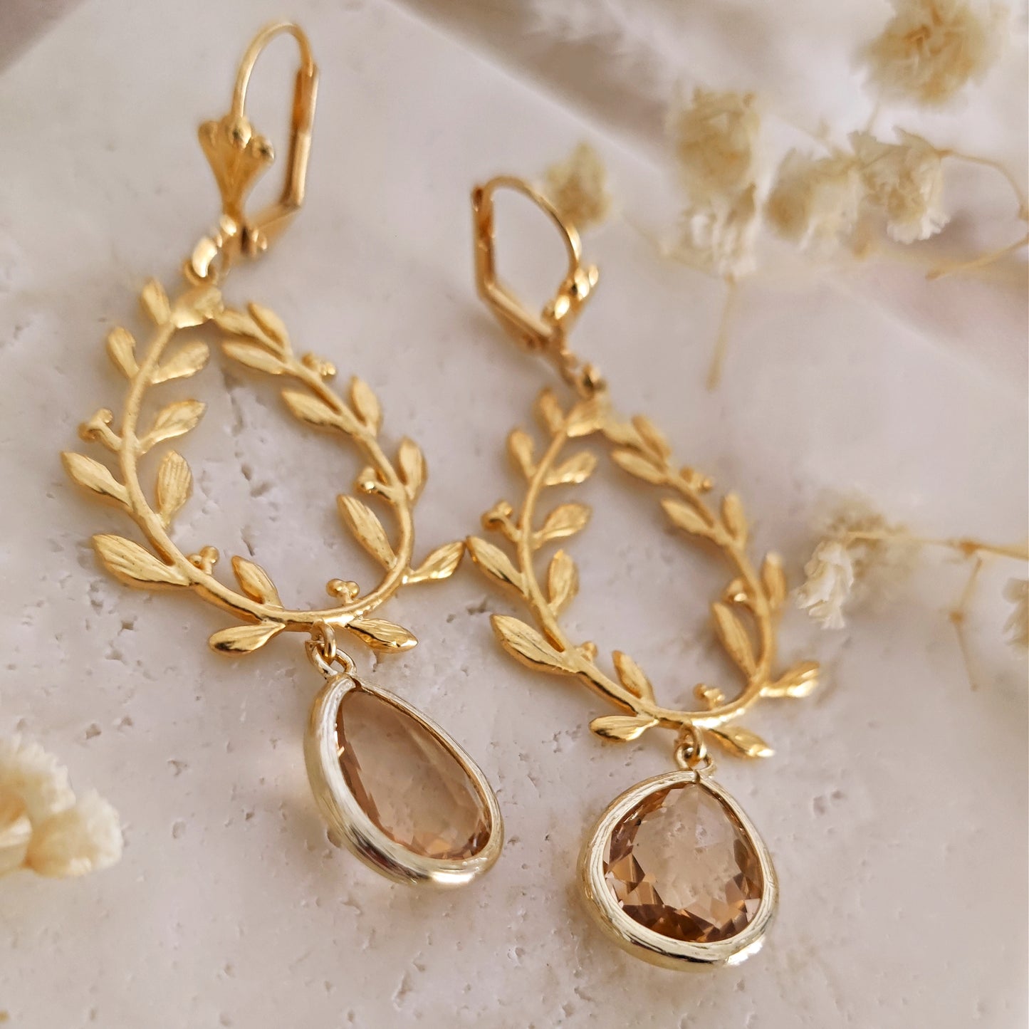 Laurel Wreath Peach Branch Leaves Dangle Earrings