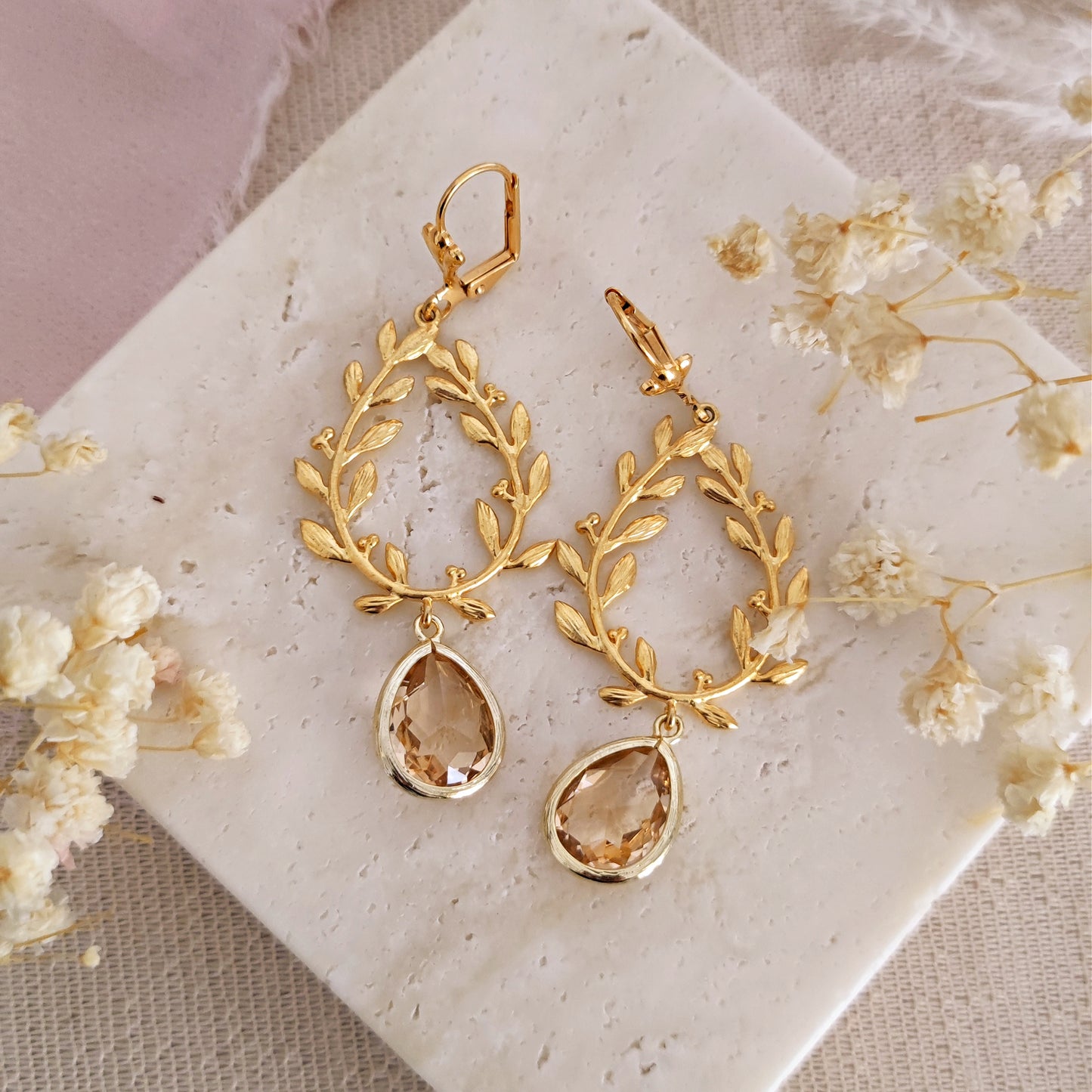 Laurel Wreath Peach Branch Leaves Dangle Earrings