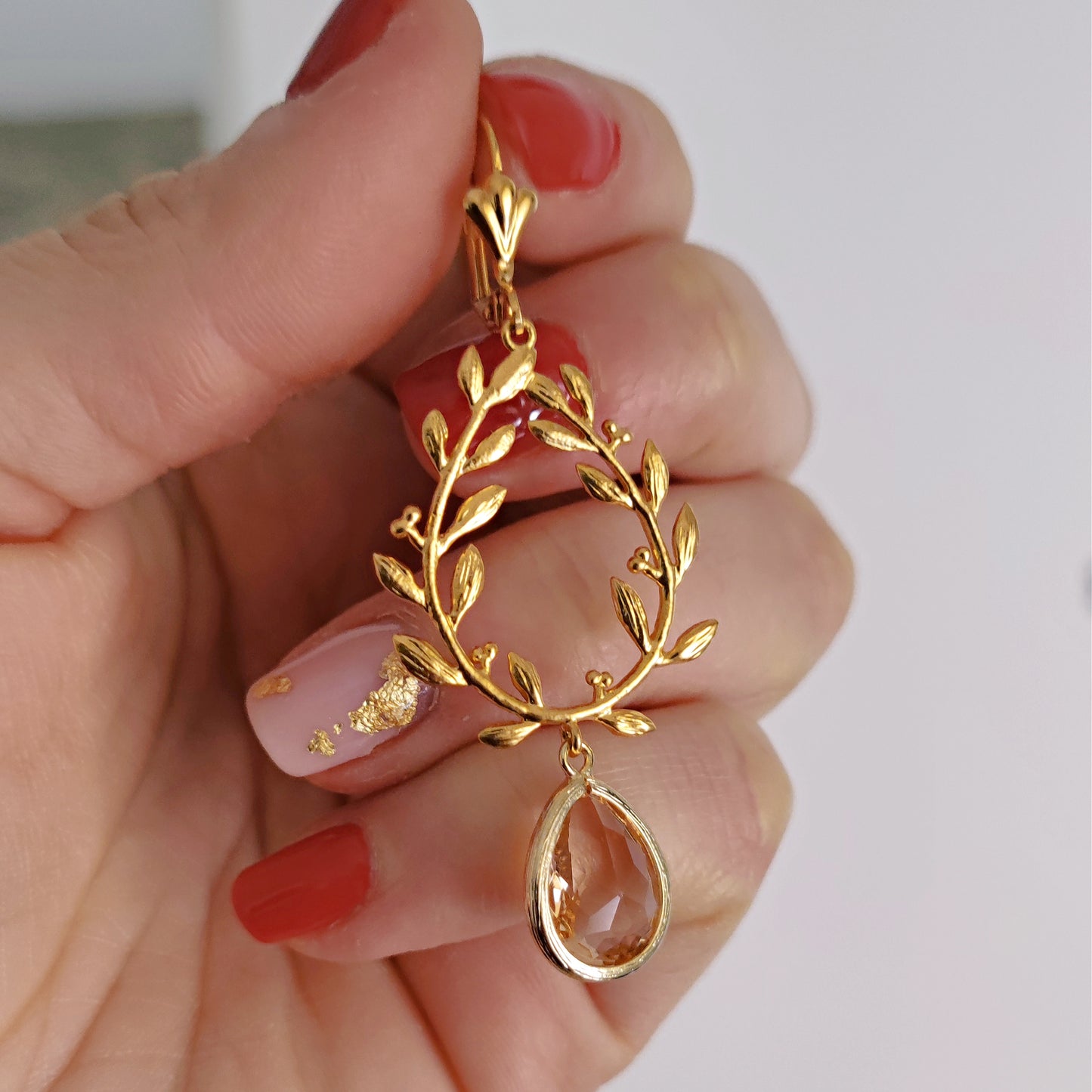 Laurel Wreath Peach Branch Leaves Dangle Earrings