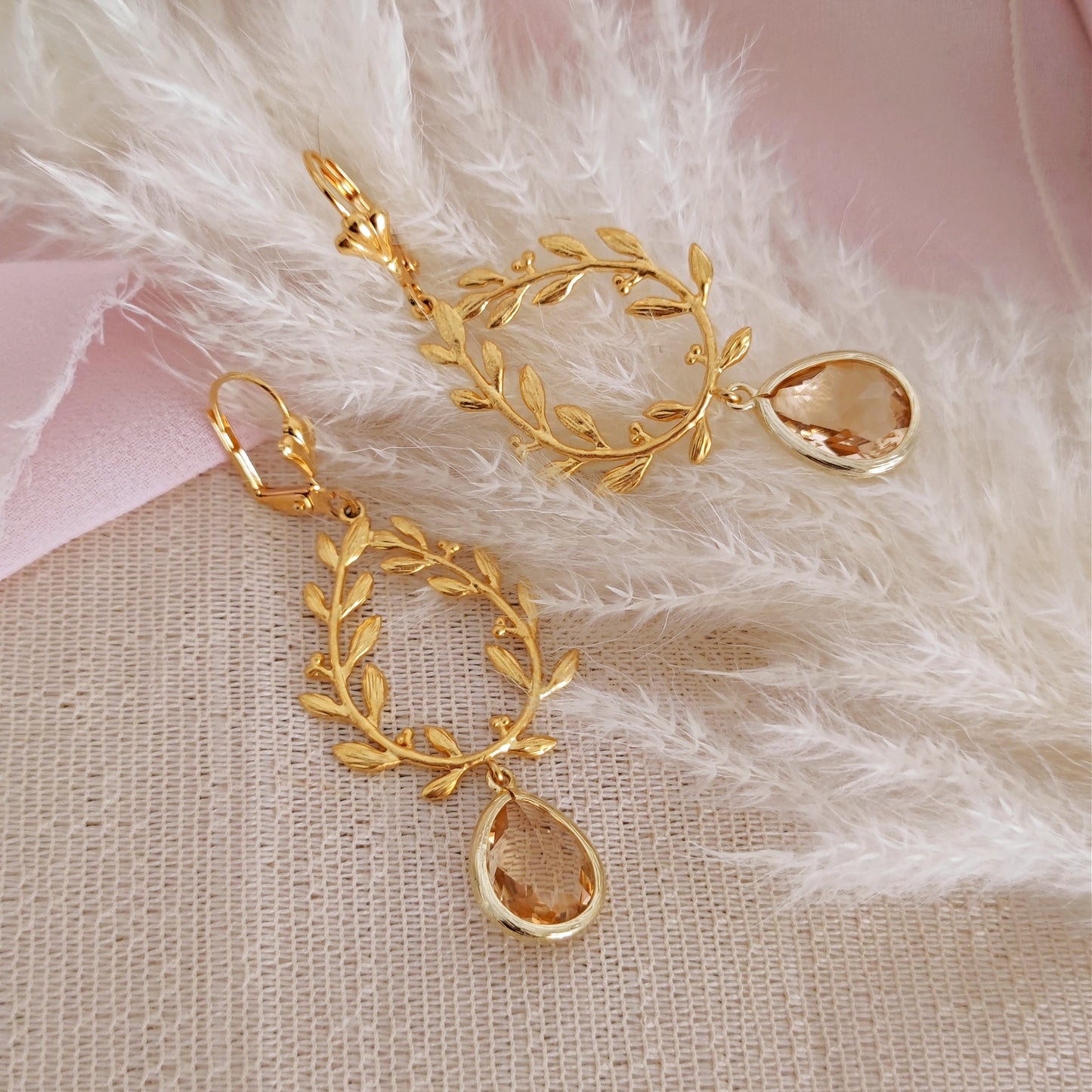 Laurel Wreath Peach Branch Leaves Dangle Earrings