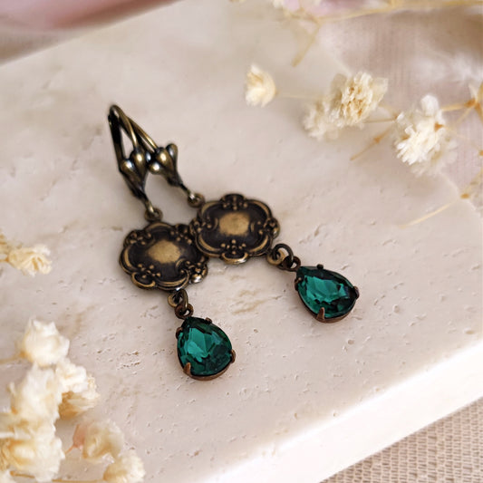 Orecchini Art Deco bronzati Emerald a goccia