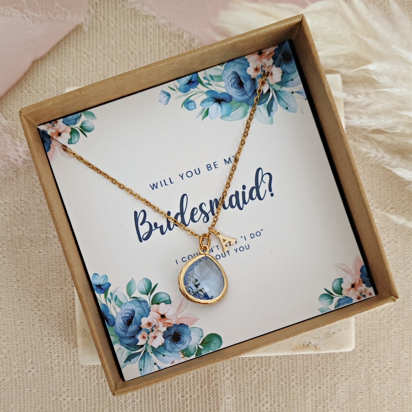 Personalized Bridesmaid Proposal Necklace, Thank you for Being my Bridesmaid - Light Sapphire + Custom Initial Bridesmaid Necklace