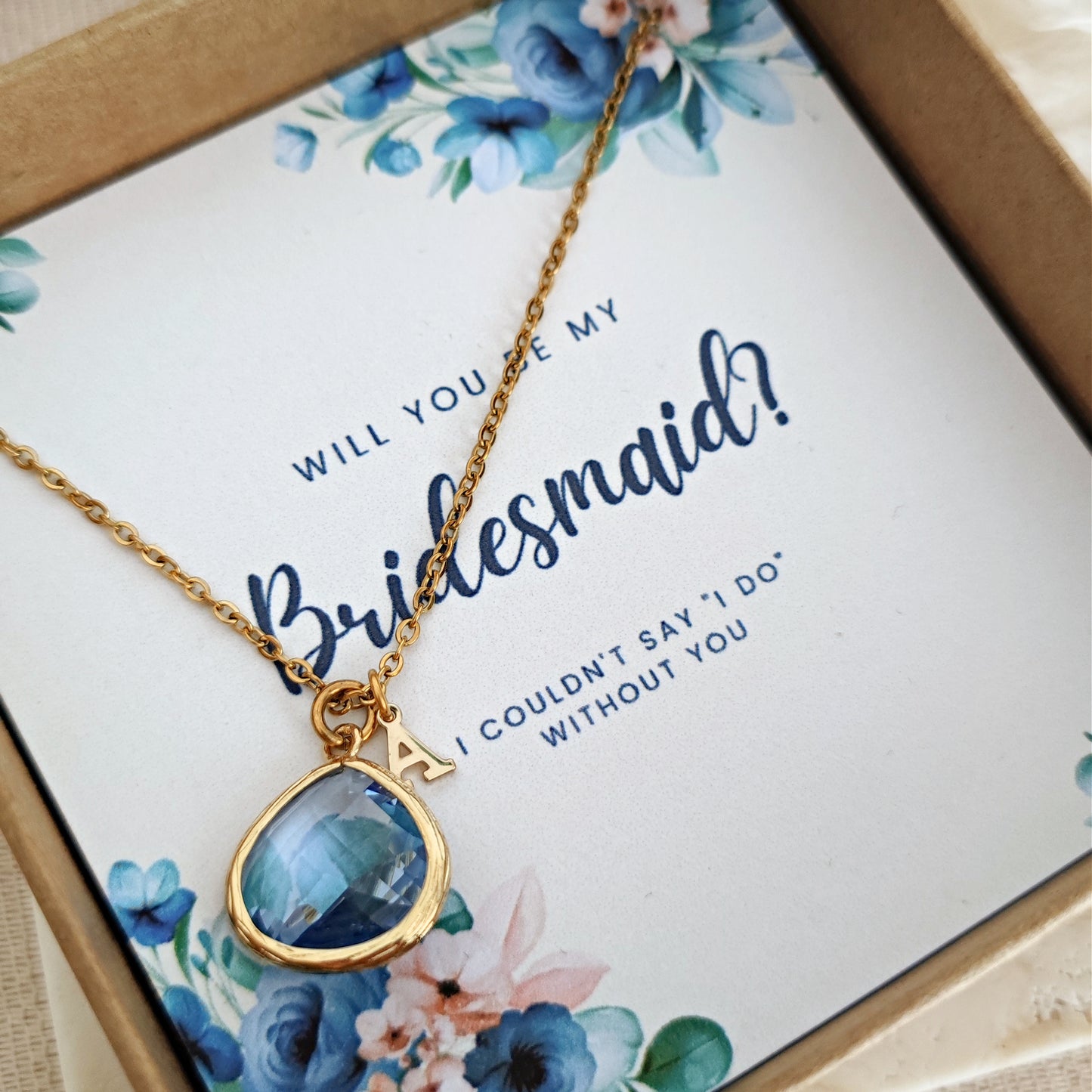 Personalized Bridesmaid Proposal Necklace, Thank you for Being my Bridesmaid - Light Sapphire + Custom Initial Bridesmaid Necklace