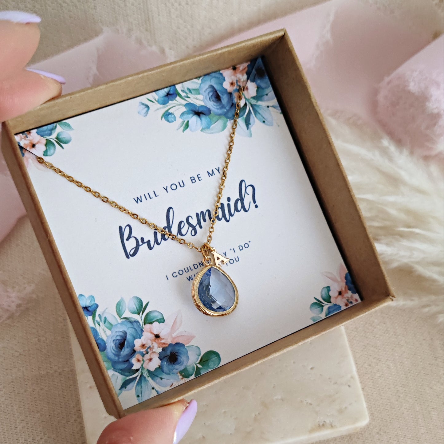 Personalized Bridesmaid Proposal Necklace, Thank you for Being my Bridesmaid - Light Sapphire + Custom Initial Bridesmaid Necklace