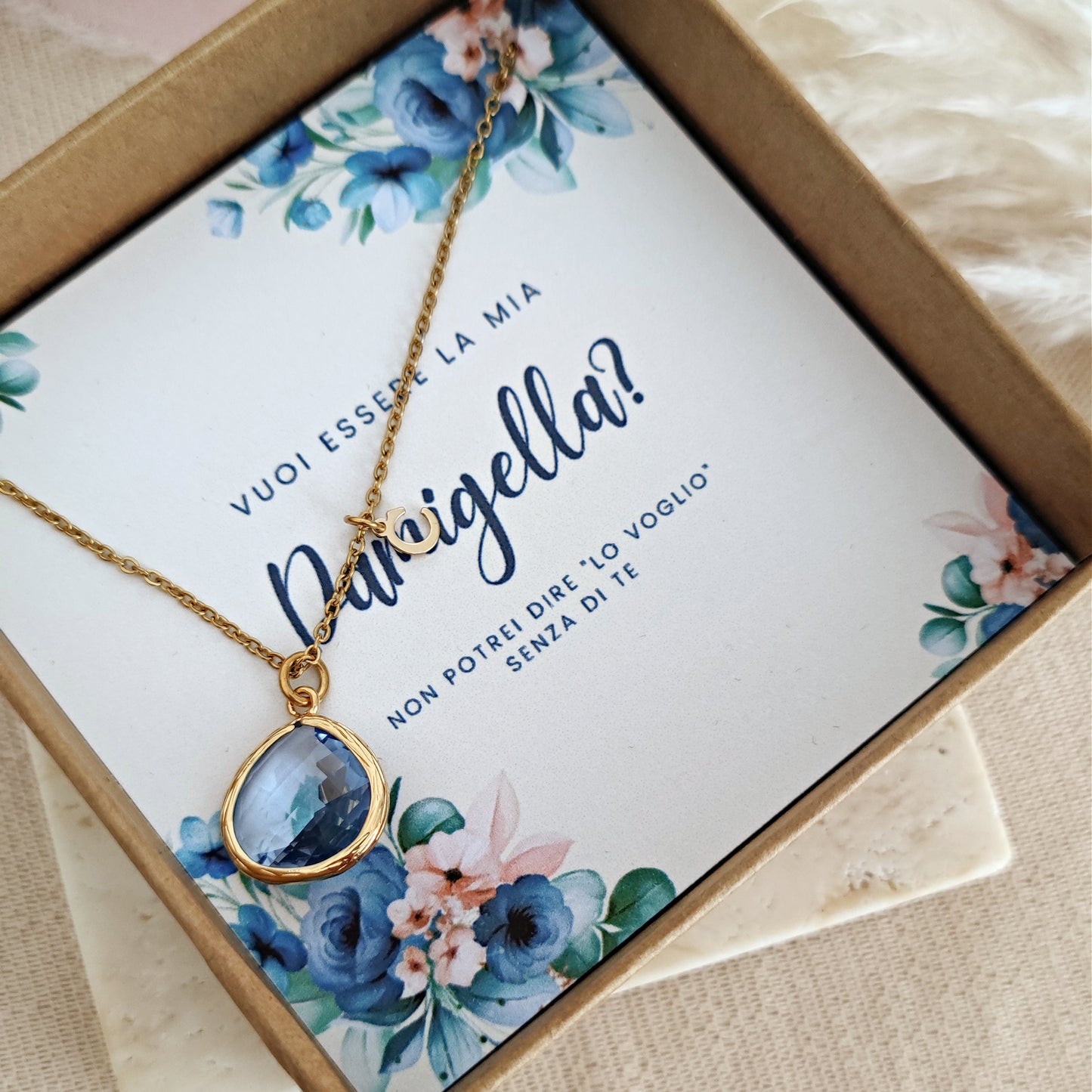 Personalized Bridesmaid Proposal Necklace, Thank you for Being my Bridesmaid - Light Sapphire + Custom Initial Bridesmaid Necklace