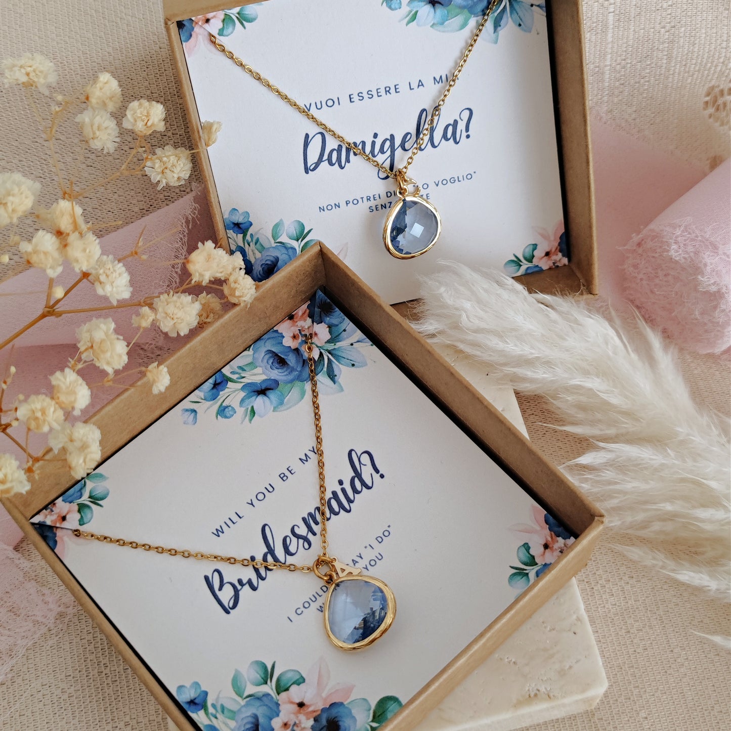 Personalized Bridesmaid Proposal Necklace, Thank you for Being my Bridesmaid - Light Sapphire + Custom Initial Bridesmaid Necklace