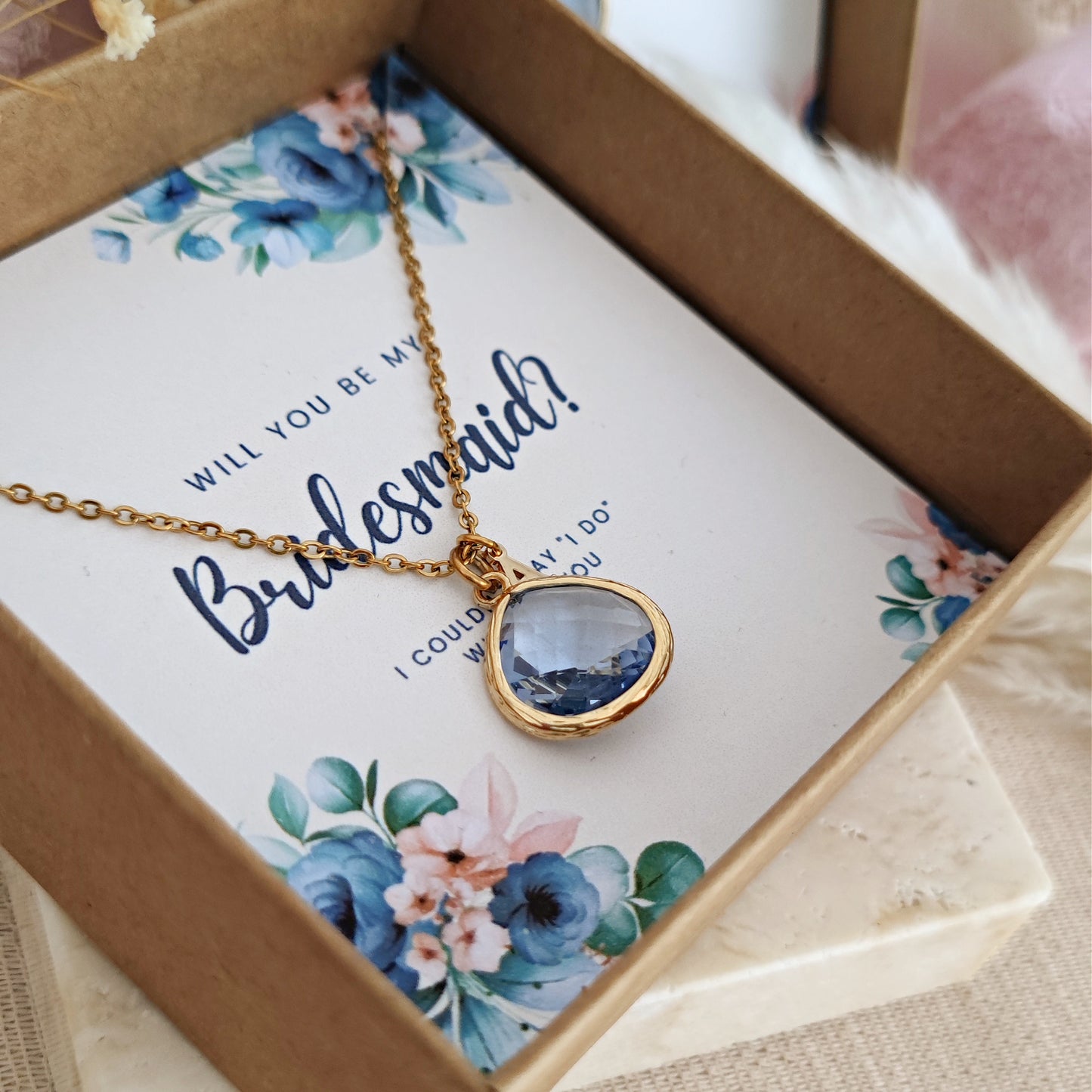 Personalized Bridesmaid Proposal Necklace, Thank you for Being my Bridesmaid - Light Sapphire + Custom Initial Bridesmaid Necklace