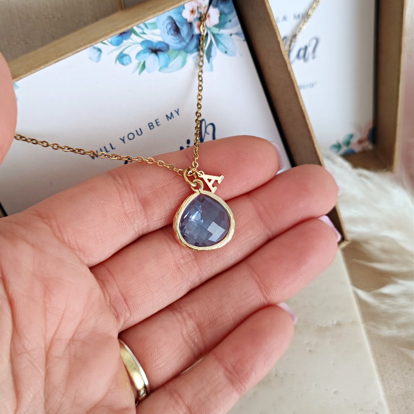 Personalized Bridesmaid Proposal Necklace, Thank you for Being my Bridesmaid - Light Sapphire + Custom Initial Bridesmaid Necklace