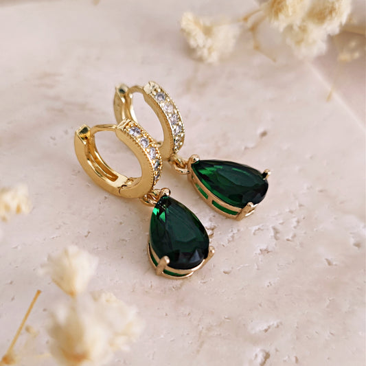 Golden Huggie Hoops with Emerald Green Drops // FOREST