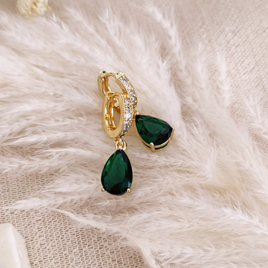 Golden Huggie Hoops with Emerald Green Drops // FOREST