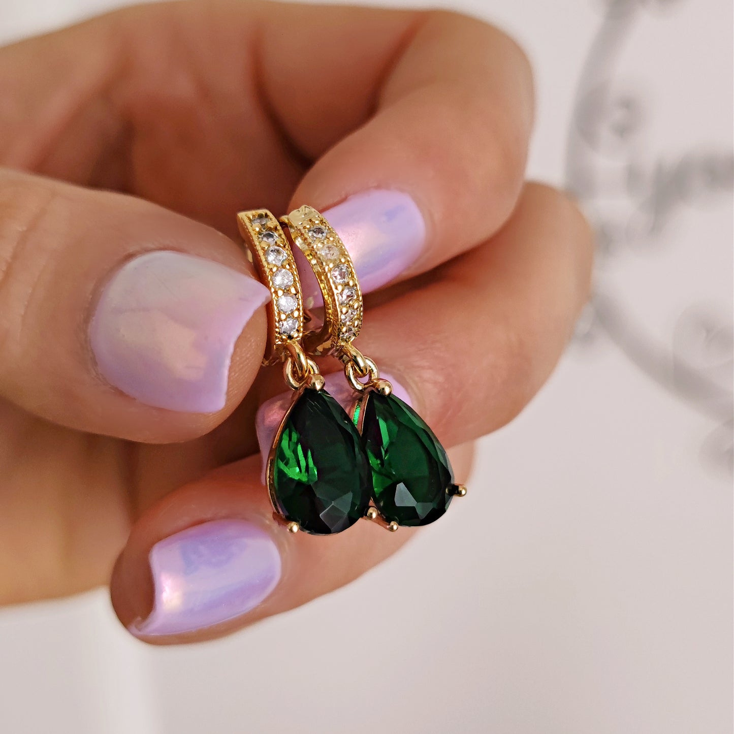 Golden Huggie Hoops with Emerald Green Drops // FOREST