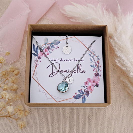 Personalized Bridesmaid Proposal Necklace, Thank you for Being my Bridesmaid - Light Sapphire + Custom Initial Bridesmaid Necklace