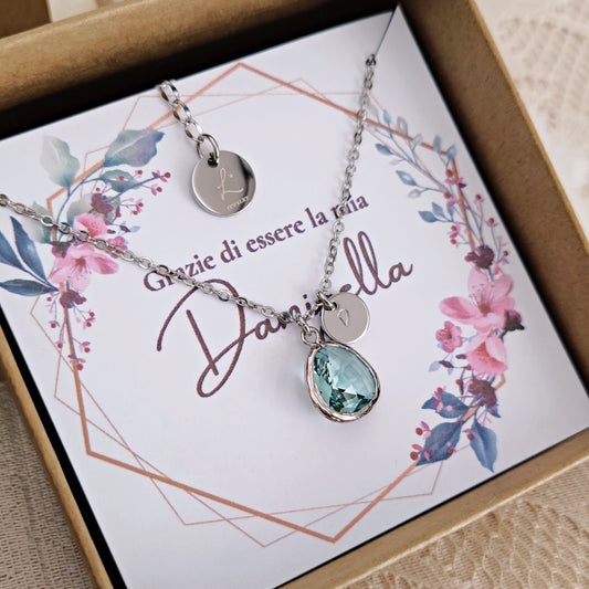 Personalized Bridesmaid Proposal Necklace, Thank you for Being my Bridesmaid - Light Sapphire + Custom Initial Bridesmaid Necklace