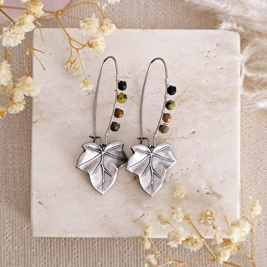 Large drop earrings with leaves and Unakite beads // ERED