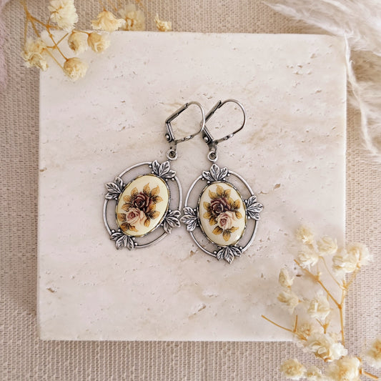 Antique Silver Floral Ceramic Cameo Earrings // PENELOPE