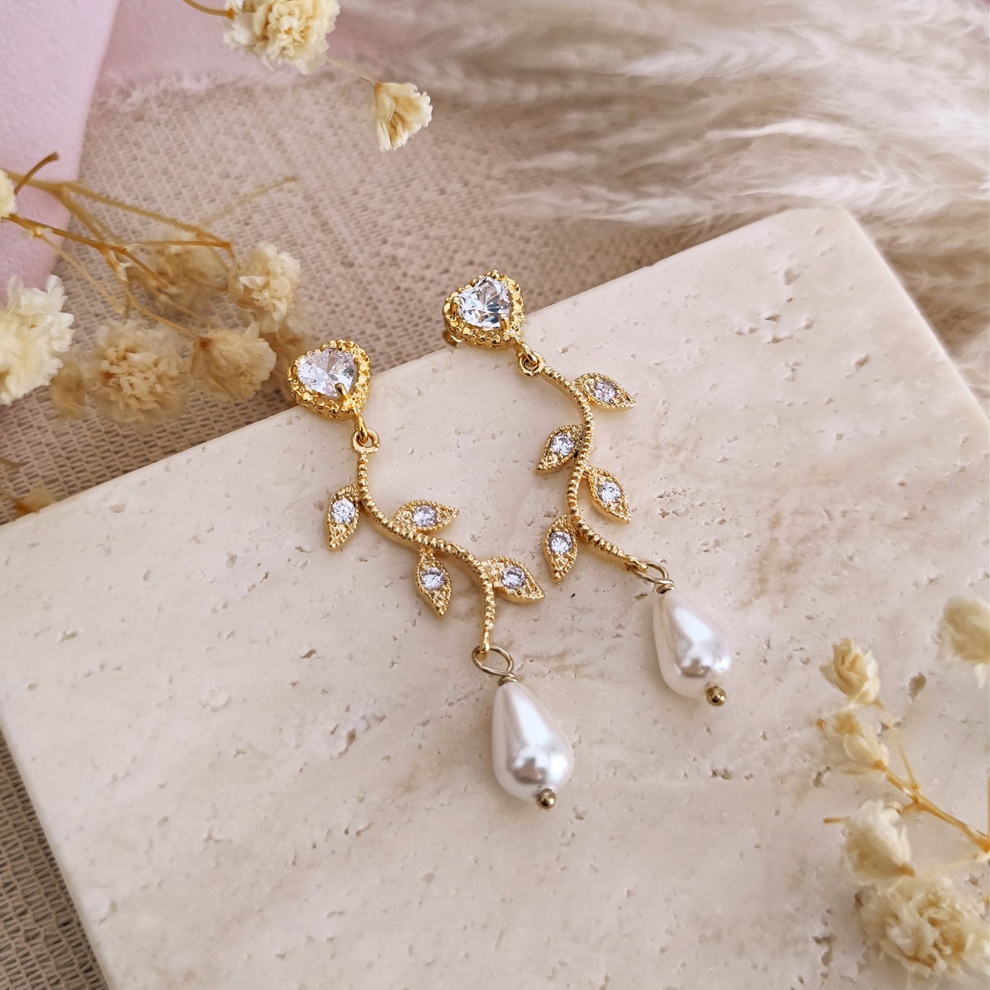 Heart Drop earrings with branches, crystals and drop pearls // MAURELLE