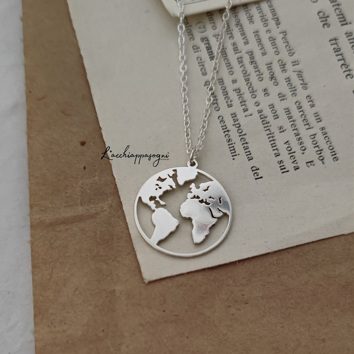 Collana Mondo, Collana Terra, Cartina del Mondo, Carta geografica, Collana Globo Terrestre, Collana Mappamondo, Collana Globo, Argento 925