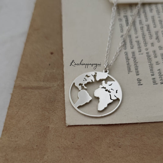 Collana Mondo, Collana Terra, Cartina del Mondo, Carta geografica, Collana Globo Terrestre, Collana Mappamondo, Collana Globo, Argento 925