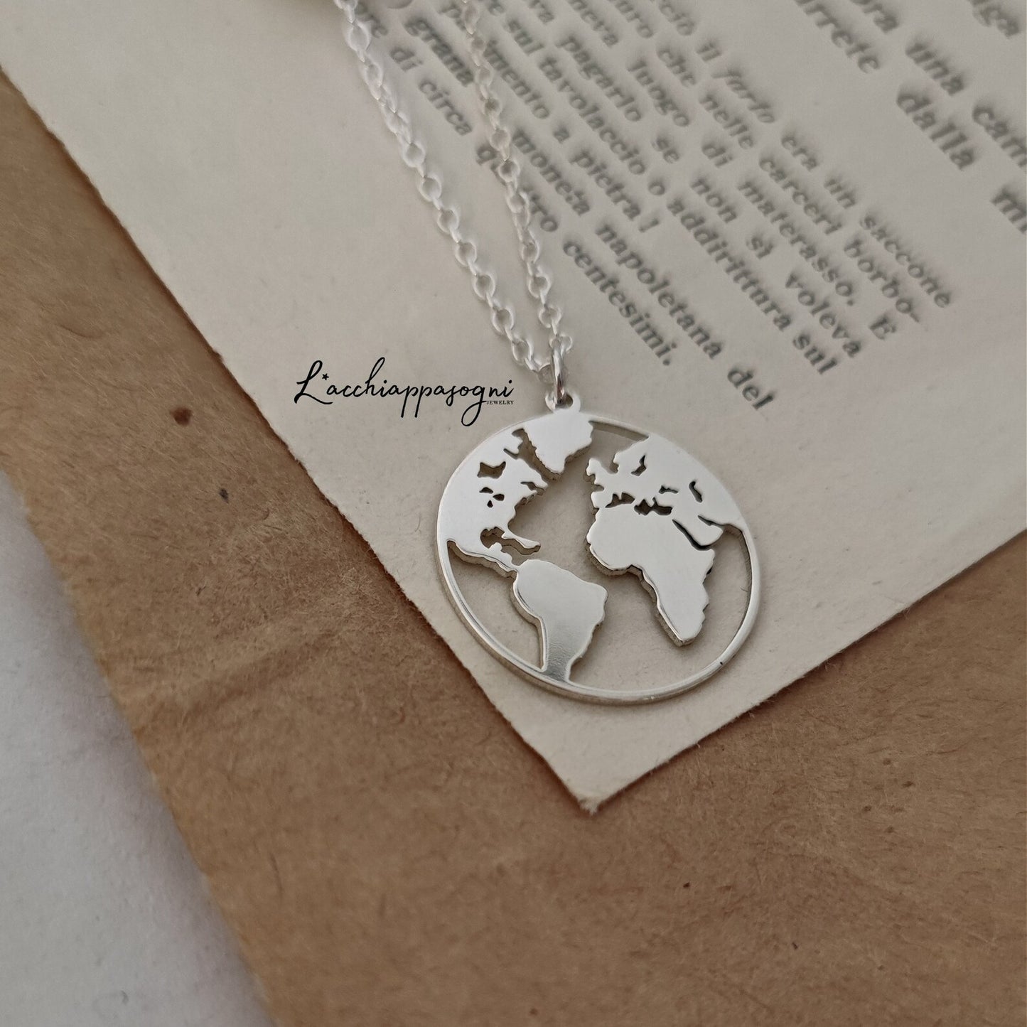 Collana Mondo, Collana Terra, Cartina del Mondo, Carta geografica, Collana Globo Terrestre, Collana Mappamondo, Collana Globo, Argento 925